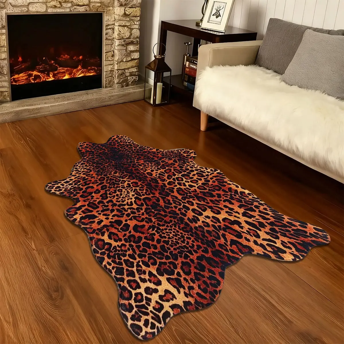 1pc Faux Cashmere Leopard Mat - 100% Polyester Decorative Rug Living Room/Foyer Accent | High-Density Short Pile Animalier Style Gift | Luxe Home Upgrade