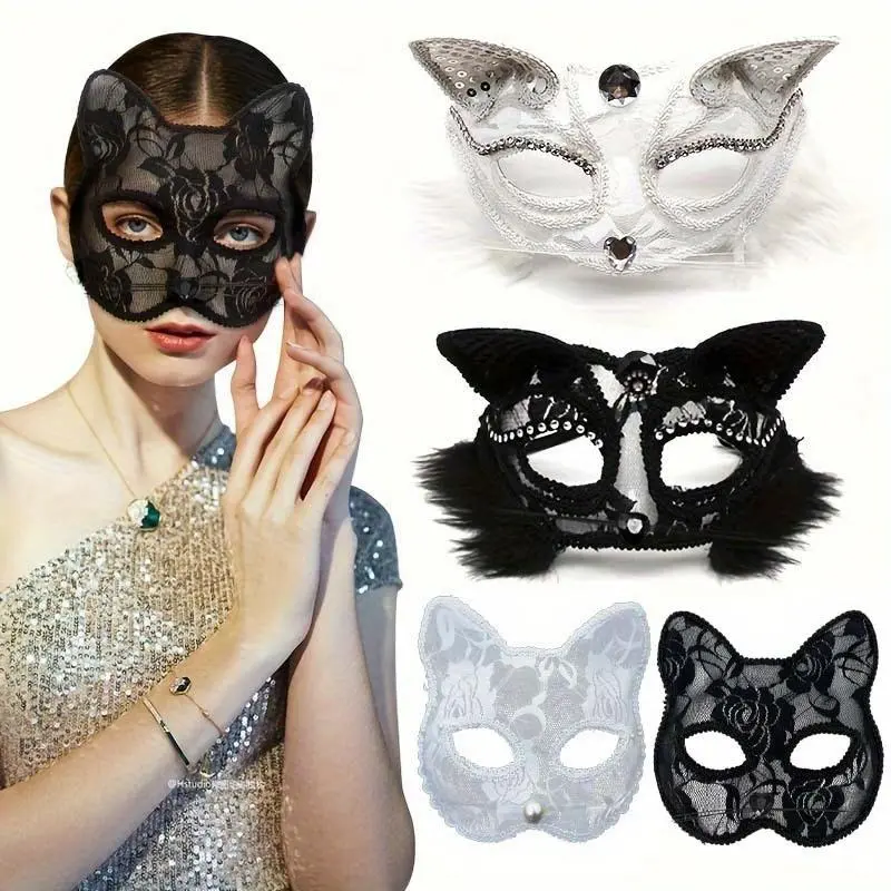 Women's Venice-Style Sexy Cat Half-Face Mask with Bead Decoration, 1pc Carnival Adult Mask for Costume & Party Supplies, Carnival Adult Masks