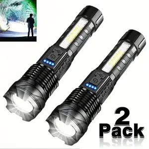 2 rechargeable zoom ultra bright flashlights, high lumen ultra bright, variable focus with LCD digital display screen, suitable for emergency camping, outdoor camping, fishing, hiking and home use, rechargeable flashlights