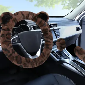 15-in Fuzzy Leopard Steering Wheel Cover with Cute Ears - Warm Non-Slip Plush for Women, Car Accessories, Girly Decor, Whimsical Accessories for Car, Vehicles, Trucks, SUVs