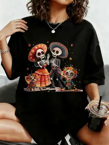 La Catrina Day of the Dead T-Shirt - Women's Vintage Sugar Skull Graphic Tee, Mexican Día de los Muertos-Inspired Top, Colorful Floral Skeleton Design, Soft Casual Short-Sleeve Festival Outfit
