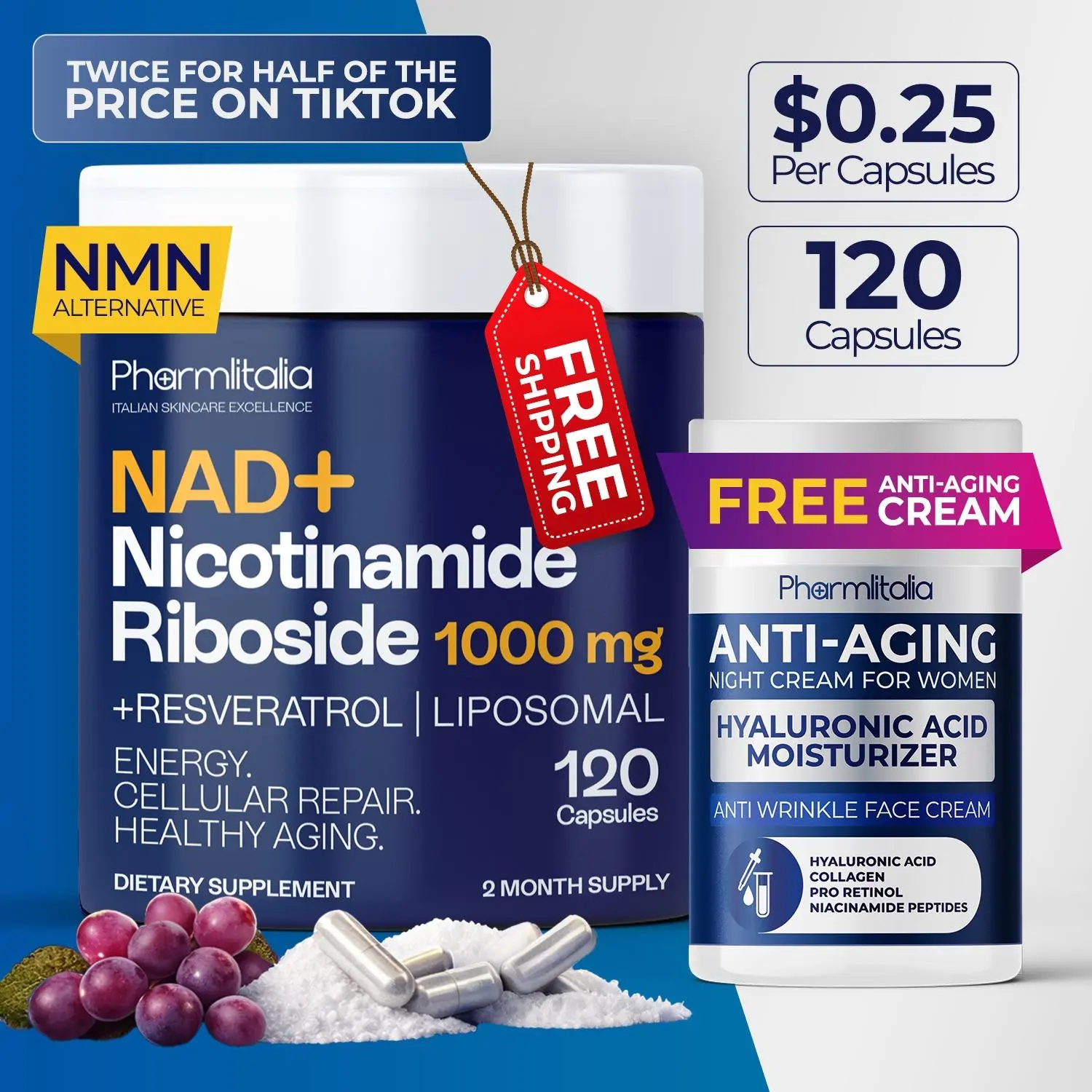 120 x 1000mg Liposomal NAD+ Capsules Resveratrol - Liposomal Nicotinamide Riboside, Quercetin, Vitamin B3 NAD+ Supplement for Women and Men - Anti-Aging, Boost Focus and Energy - Advanced Cellular Renewal NAD Booster Supplement Powder 120 Capules