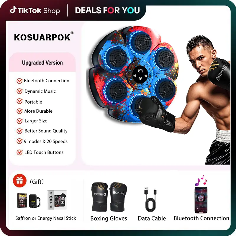 KOSUARPOK Music Boxing Machine, Wall Mounted Smart Punching Pad with LED Display & Bluetooth Speaker, Electronic Workout Target for Home, Office, Bedroom Stress Relief, Punching Pad Boxing Gym Equipment, Boxing Training Beginners, Home Gym, Adjustable, 9,