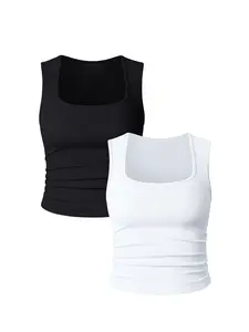 Women's 2 Pieces Sets Seamless Ribbed Crop Tank Top Square Neck Sleeveless Fashion Cropped 2025 Summer T-Shirt