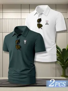 Men's Summer Large Size Polo Short Sleeve Ice Silk Shirt, Classic Cartoon Rabbit Skull Print, Casual Business Leisure, Quick Dry Breathable