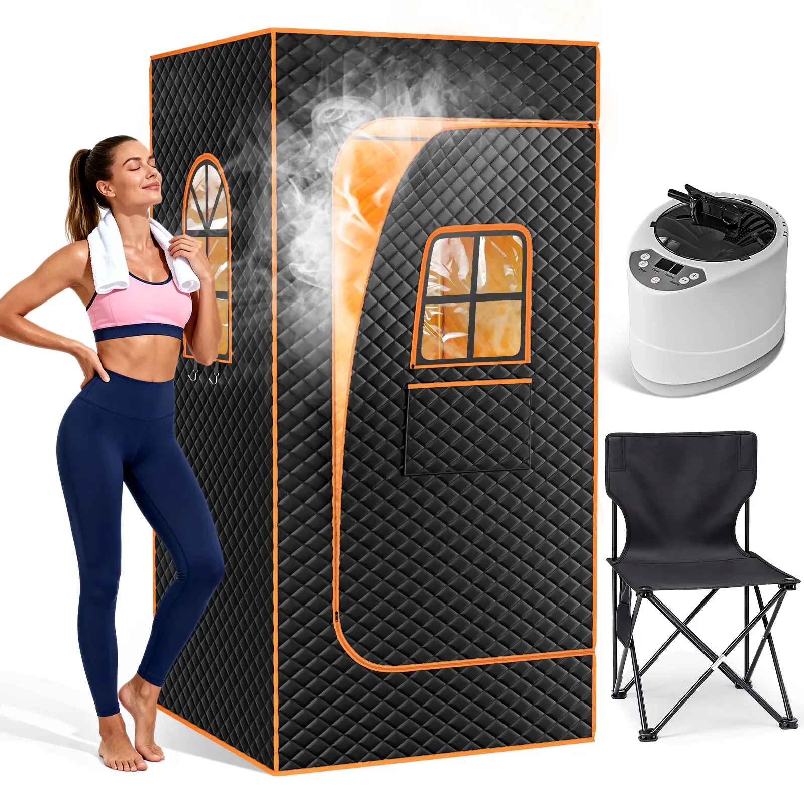 Naudacaa Large Portable Steam Sauna Box, with 3L 1200W Steamer Portable Steam Sauna for Home, Personal Sauna w/ Big Sauna Chair & floor mat, Remote Control, 2.96’ x 2.96’ x 5.9’, Black