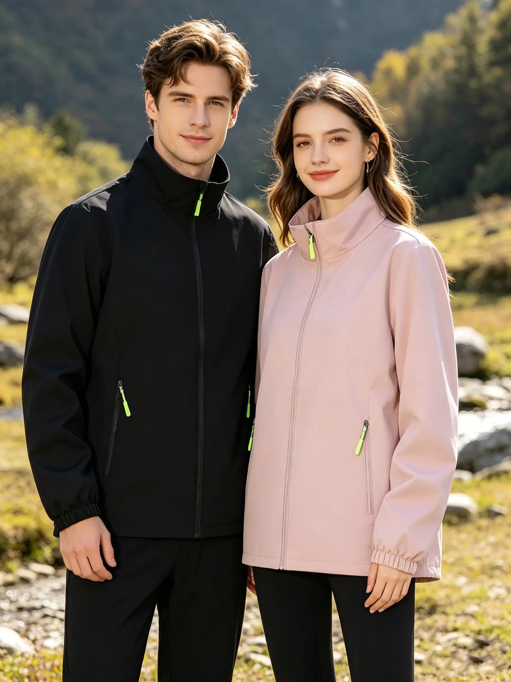 Unisex Windproof Waterproof Softshell Jacket - Zip-Up Autumn Stand Collar Outdoor Hiking Outerwear with Neon Green Zipper, Multiple Colors, Lightweight Durable Fabric Athleisure Fashion Men's Sports Jacket for Outdoor Hikes