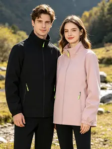 Unisex Windproof Waterproof Softshell Jackets Zip Up, New Autumn Stand Collar Outdoor Hiking Outerwear with Neon Green Zipper, Multiple Colors Available Casual Sports Coat