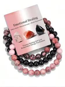 3pcs Crystal Stone Energy Healing Bracelet Set for Women, 8mm Stretch Beaded Stackable Bracelets, Adjustable Healing Jewelry Gift with Blessing Card