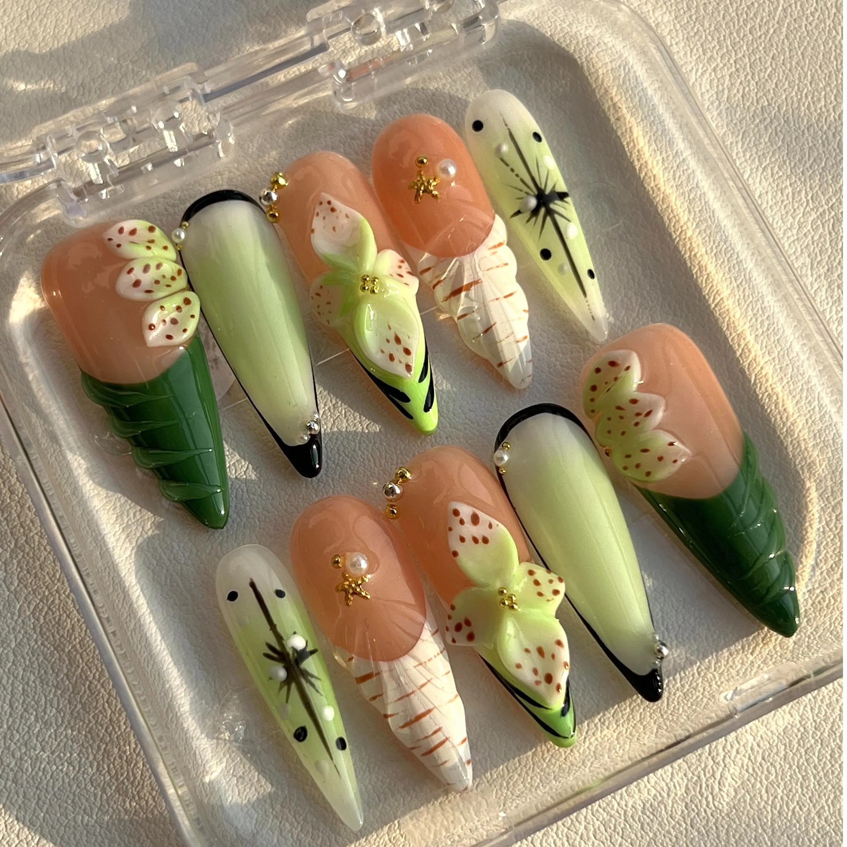 10PCS Multi-Pack 3D Oval Handmade Press-On Nails - Reusable Acrylic Gel, Rhinestone-Embellished, Sparkly for Summer 2026, Prom, Acrylic False Nails, Dramatic Handmade Nails