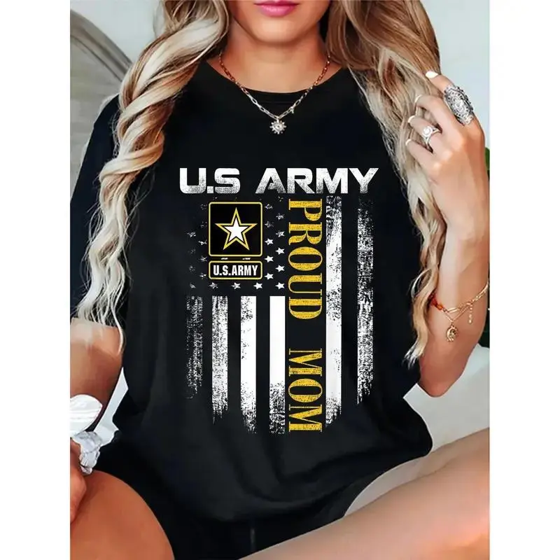Women's Vintage U.S. Army Proud Mom Patriotic T-Shirt - Distressed American Flag & Star-Spangled Yellow Lettering, Casual Round Neck Tee, Machine Washable Military Family Gift, American Flag Clothes