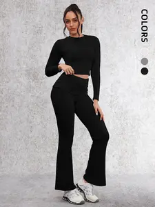 Women's 2-Piece Yoga Set, Long Sleeve Crop Top & High Waist Flare Pants, High Stretch Running Fitness Clothes, Comfortable Skin-Friendly Sportswear, Fitness Activewear