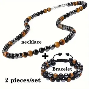 2-Pack Natural Stone Adjustable Braided Rope Necklace + Natural Stone Bracelet for Unisex