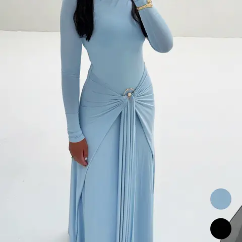 Women's Long-Sleeve Slim-Fit Casual Muslim Dress with Ring Buckle Tie, Plain Daily Wear, Modest Solid Color, Modest Style