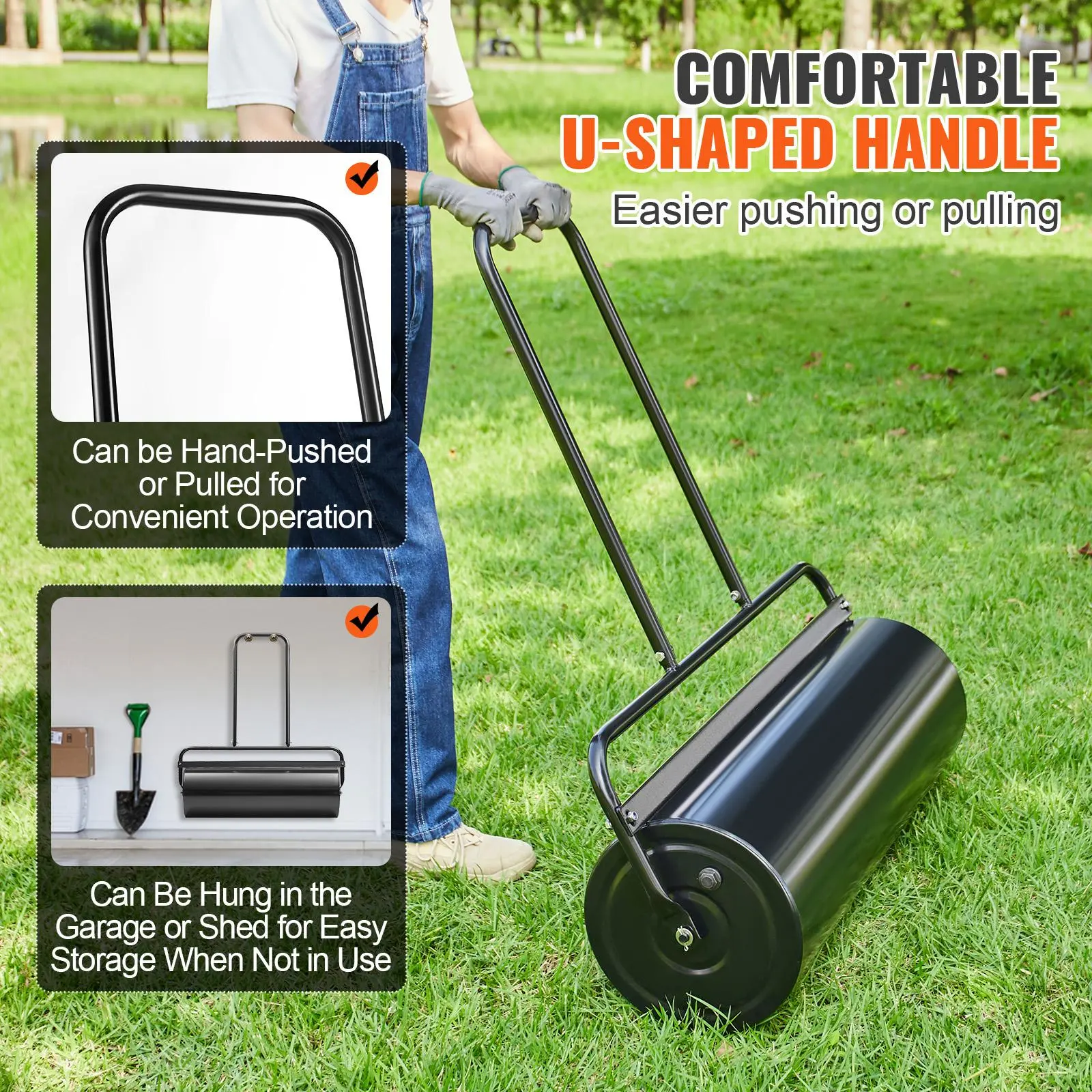 【summerfinds】VEVOR Lawn Roller, 17 Gallon Sand/Water Filled Yard Roller, Steel Sod Roller with Easy-turn Plug and U-Shaped Ergonomic Handle for Convenient Push and Pull, for Lawn, Garden, Farm, Park, Black