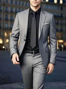 2pcs Men'S Classic Suit Set - Slim-Fit, Long Sleeve, Collared, Button-Up Jacket & Pants Combo with Pockets, Regular Fit, Solid Color, Non-Stretch Fabric, Formal Wear, Perfect for Weddings, Parties, Formal Events | Elegant Suit Design | Tailored Fit