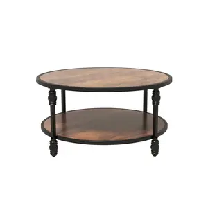 Round Coffee Table for Living Room, Rustic Center Table with Storage Shelf, 2-Tier Wood Circle Coffee Table with Sturdy Roman Column Metal Legs, Easy Assembly, Vintage Style