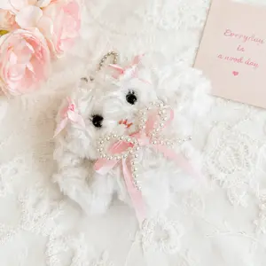 Cute Bunny Plush Keychain Bag Charm Soft Fluffy Bunny Pendant with Pearl Bow, Cute Aesthetic Purse Accessory Gift for Girls, Fluffy Bunny Keychain for Women, Cute Coquette Plush Bag Charm Aesthetic Accessory