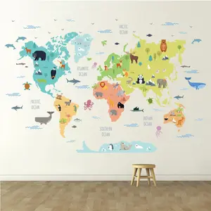 Cartoon Animal World Map Wall Stickers, School and Kindergarten Decorative Stickers, Fun Educational Wall Art for Kids