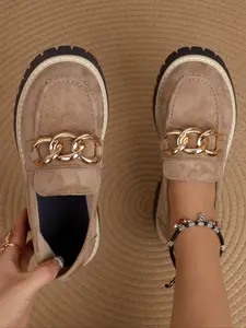 Women's Round Toe Thick Sole Chain Decor Loafers, Slip-On Lazy Shoes, Casual Flats, Vintage British Style, Casual Spring & Fall Footwear