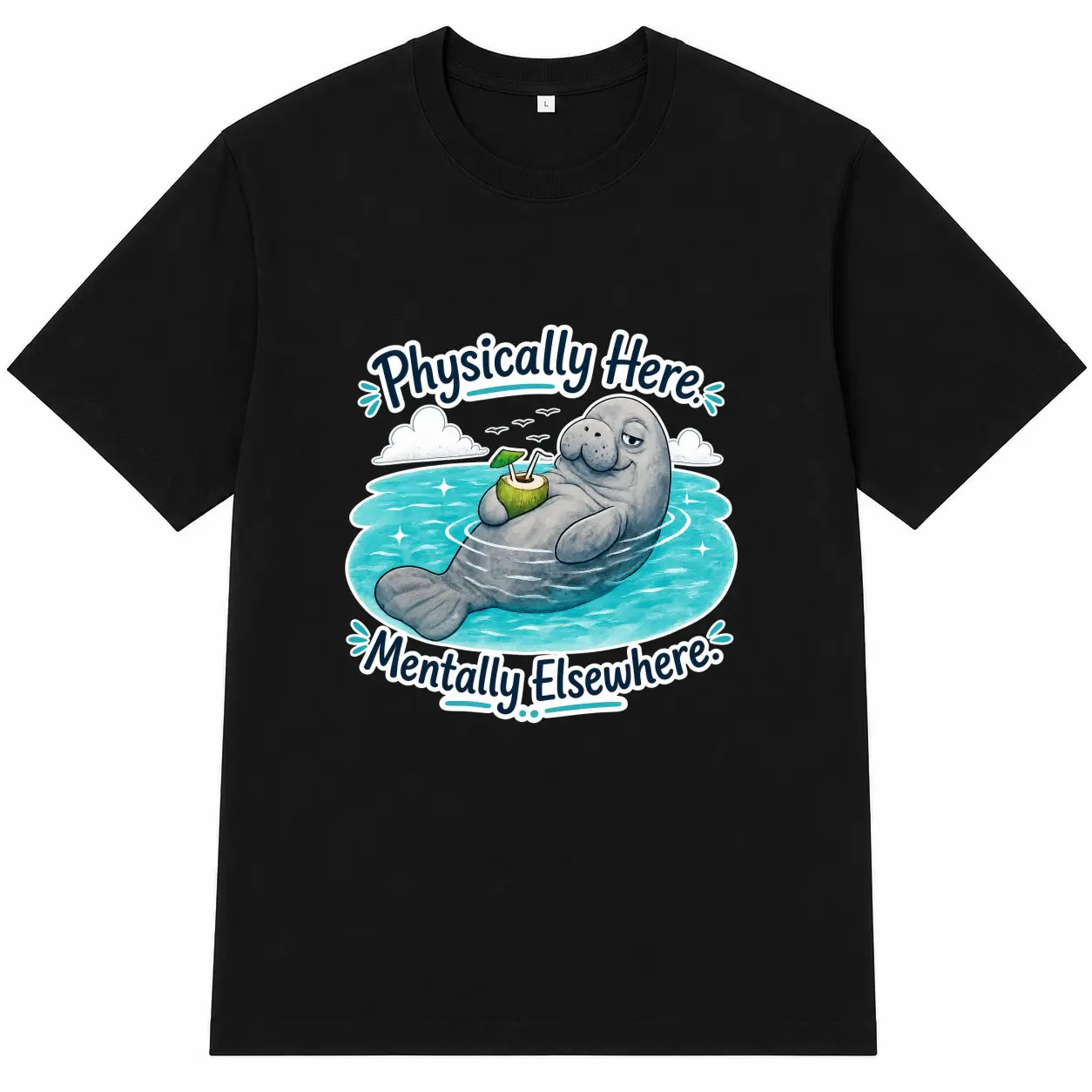Funny Manatee Letter Print Black Shirt, Unisex Oversized T-shirt for Men, Women, Harajuku Streetwear Graphic Tee, Casual Crew Neck Shirt Top, Sweet Wear Outfit, Beach Vacation Humor Gift, Summer Look. Menswear Vibe Crewneck Round Neck