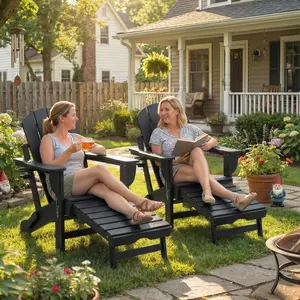Outdoor HDPE Folding Chair Set of 2 - Black Fire Pit Chairs with Retractable Ottomans, Cup Holders, All-Weather Recycled Plastic Lumber Construction, 400 lbs Heavy-Duty Capacity for Porch, Backyard, Poolside