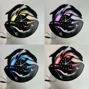 Vintage Vinyl Record Wall Clock, Dolphin Ocean Design, Silent No Tick-Tick, Suitable for Kitchen Living Room Bedroom, Home Decor Gift