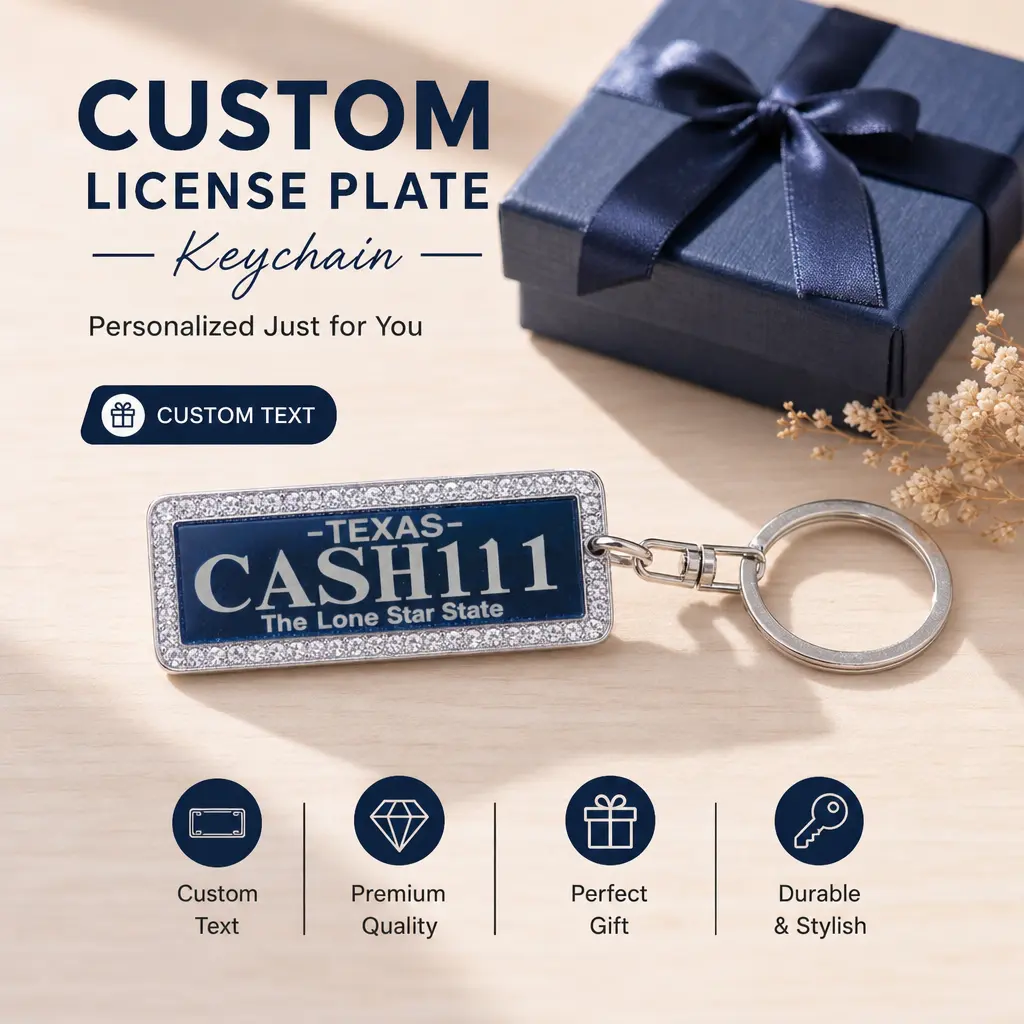 Trendy Personalized Blue Plate Keychain | Custom Message & License Number Diamond Frame Key Holder For Men Women Drivers