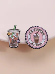 2-Pack Ice Coffee Enthusiast Themed Enameled Badges Set, Sweet Floral Design Pins, Flower Brooch for Clothes & Backpacks, Perfect for Coffee Culture Lovers