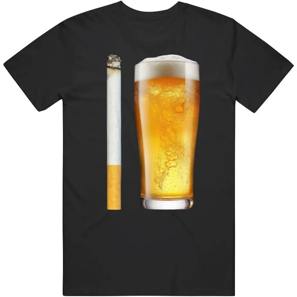 Men's Beer and Cigarette Meme Graphic T-Shirt, USA-Made Menswear Top, Relaxed Fit Shortsleeve Tee