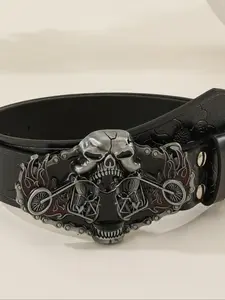 Gothic Motorcycle Skull Flame Belt, Vintage Embossed PU Leather, Punk Rock Unisex Street Waistband, Fashion Accessory for Men and Women