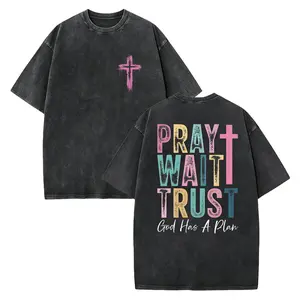 Pray Wait Trust Cross Graphic Tee |   Christian Faith Oversized Vintage Washed T-Shirt |   God Has A Plan Inspirational Shirt