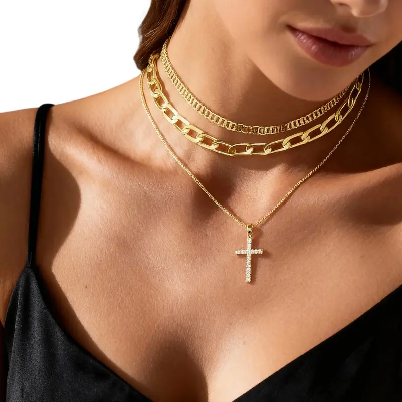 Women's Stackable Layering Costume Jewelry Necklace Set - Dainty Gold Cross Pendant, Paperclip Chain, CZ Diamond, Handmade Butterfly Pattern, Adjustable, Perfect Present for Valentine's Day, Style And Elegance, Hypoallergenic, Brass Plated, Anniversary