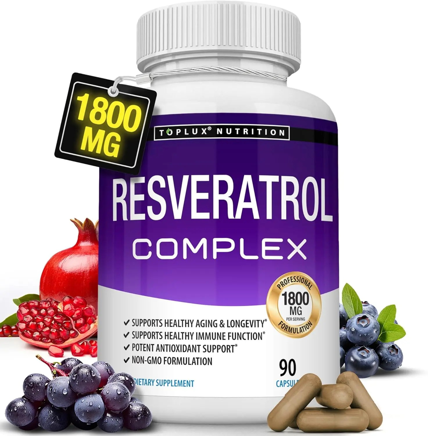 Toplux Nutrition Resveratrol Complex 1800mg, Potent Antioxidant Supplement with Trans-Resveratrol, Pomegranate & Grape Seed Extract, Supports Healthy Aging, Immune Function & Longevity, Non-GMO Formula, 90 Capsules Dietary Vitamin Vitamin Natural Natural