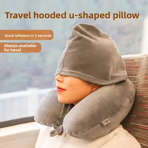 Travel inflatable hooded u-shaped pillow student nap pillow neck protector sleeping pillow car plane pillow