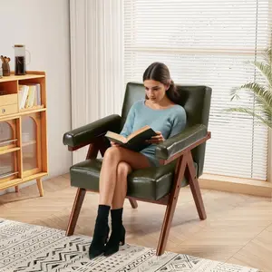 Accent Chair, Mid Century Modern Sitting Chair with Solid Wood Frame, Leather Armchair for Living Room Lounge Balcony Dark Green