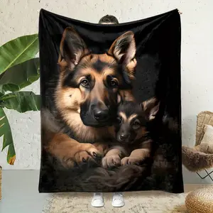 Fashion Double-Sided German Shepherd Family Print Flannel Blanket Cartoon Theme Suitable for All Seasons Comfortable Polyester Fiber Digital Print Lightweight Suitable for Office Car Sofa Outdoor Perfect Gift for Family and Friends