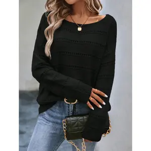 Women's Fashion One-Piece Sweater Knitwear, Autumn Winter Round Neck Pullover, Hollow Out Design, Casual Simple Pure Color Knit Long Sleeve Top233