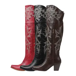 EROCALL Women's Extra Wide Calf Over The Knee Cowboy Boots Western Boots with Embroidered Details  Chunky Low Heel for Fall Winter SpringStatements