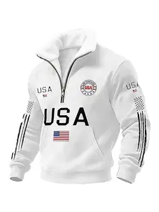 New Arrival: Plus-Size Men'S Stylish Stand-Collar Loose-Fit Half-Zip Sweatshirt, Featuring American Flag And Letter Logo Design, Easy Print, High-Quality And Durable for Casual Wear. Men'S Tops, Men'S Fashion, Plus Size