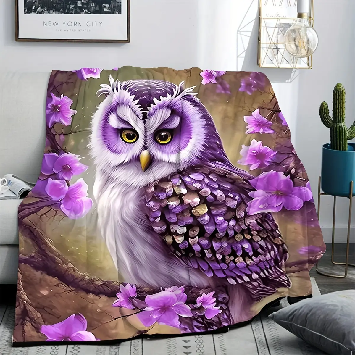 1pc Owl Flannel Blanket - Soft, Cozy, and Multifunctional for Bed, Sofa, Office, or Camping - Featuring a Beautiful Purple Owl with Floral Design - All-Season Comfort, Owl Decor