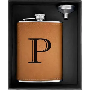 Flask for Men Leather Engraved Drinking  Flasks for  with Initials Stainless Steel with Funnel 8 oz Personalized Christmas Birthday Gifts for Dad Letter P