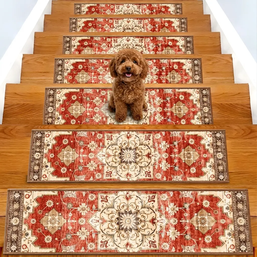 Non Slip Chenille Stair Runner Rug for Wooden Steps 8"x30" Indoor Reusable Soft Machine Washable Home Accessory, Anti Slip Adhesive Aesthetic Room Decor Mat for Pets, Stain Resistant Waterproof Vintage Floral Decor Noise Reducing Easy Install Stair Treads