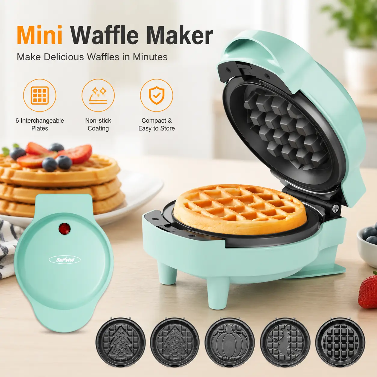 Sunvivi 4" Mini Waffle Maker: 6 in 1 Waffle Iron with 6PC Nonstick Removable Plates Set (Santa Claus, Christmas Tree, Witch & Pumpkin), Perfect Mini Waffle Maker for Kids and Families, Light Blue home essentials family breakfast，one-touch operation