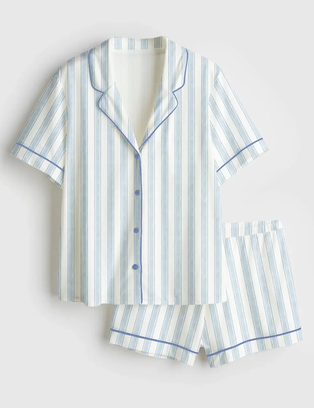 Women’s Blue Watercolor Striped Short Sleeve Pajama Set #Pajamas #Shortpjm