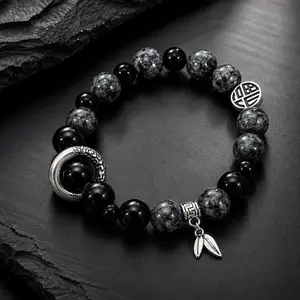 Vintage Black Stone Beaded Bracelet Elastic Stretch with Tone Charms Punk Streetwear Fashion Jewelry for Men Women Comfortable Lightweight Daily Wear Gift