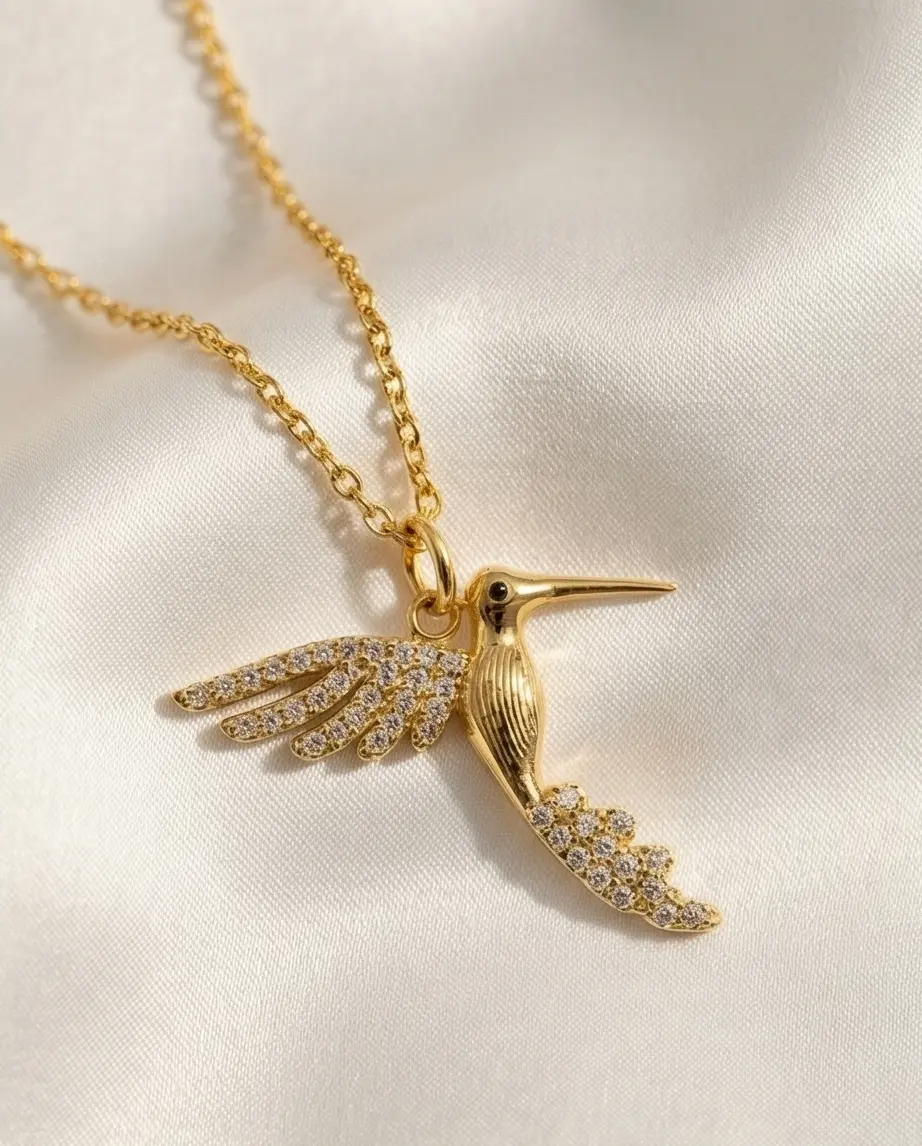 Hummingbird Necklace in 14 Karat Gold Filled, Classic Minimalist Unisex Pendant with CZ Accents, 16 Inch Chain for Daily Wear, Adults, Sparkle Accents, Everyday Wear, 16 Inches