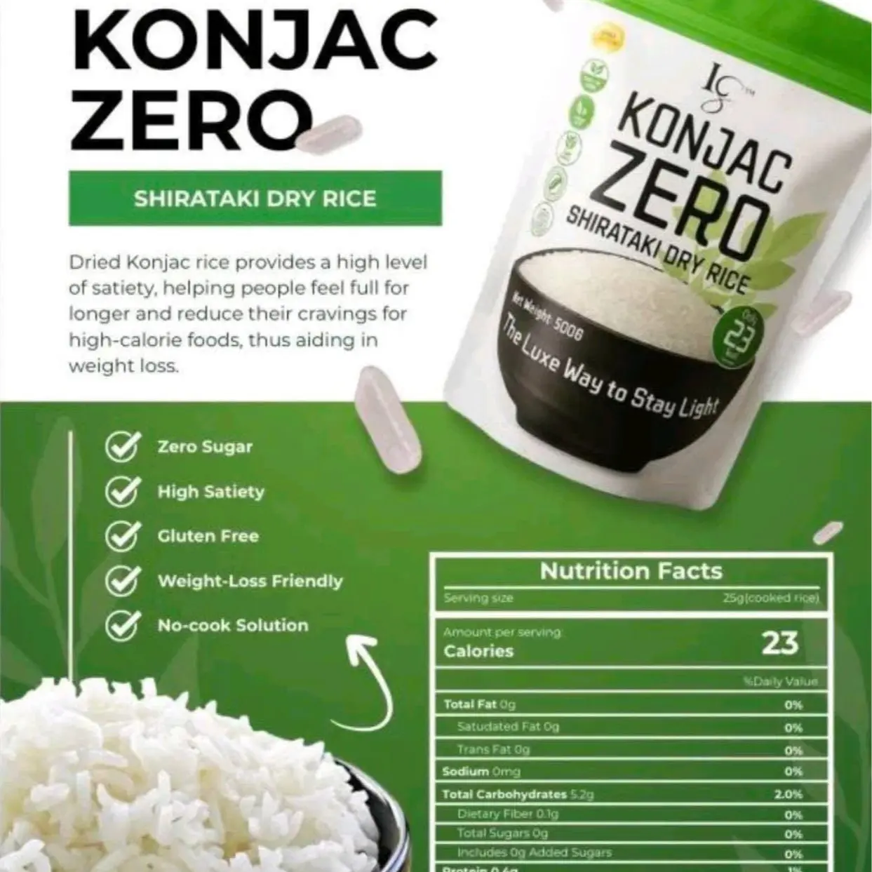 LUXE SLIM KONJAC ZERO SHIRATAKI DRY RICE 500g Half Kilo - TikTok Shop