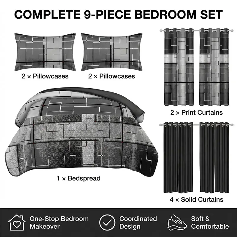 Grey Black Geometric Grid 9PCS Bedroom Decor Set Modern Industrial Quilted Bedspread Matching Shade Curtain Full Bedding Pack