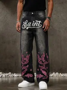 Men's Saint Cherry Blossom Embroidered Jeans, Sakura Embroidery, Loose Fit, Ankle Length, Street Style, All Seasons